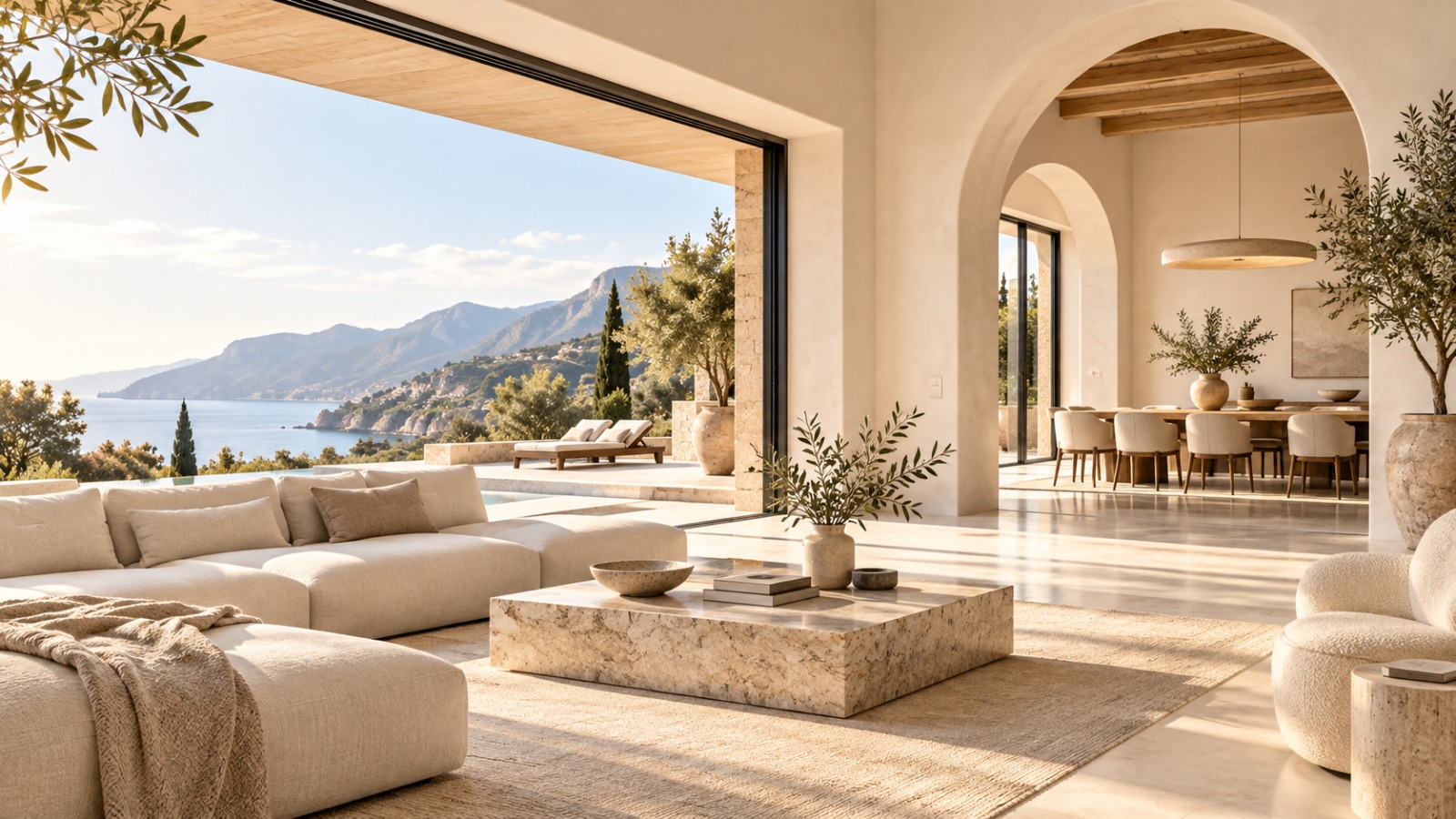 Living room of a Mediterranean villa opening onto the sea
